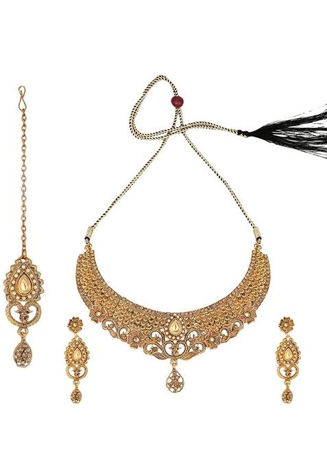 Designer Gold Plated Traditional Matte Finish Necklace With Earring Maang Tikka