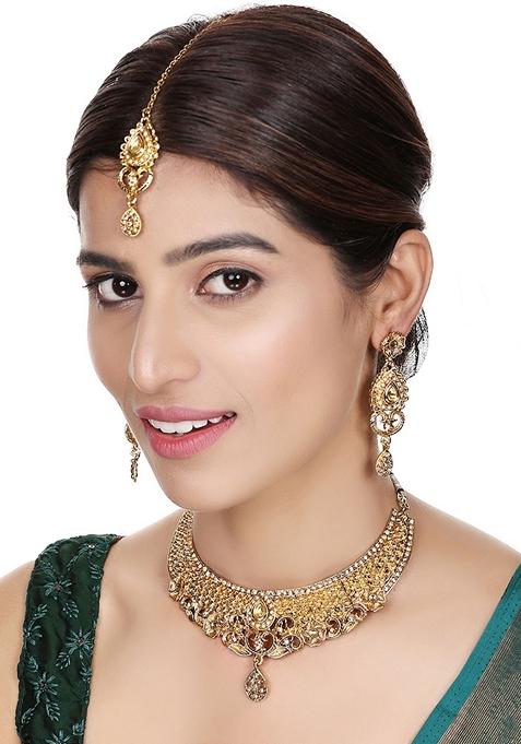 Designer Gold Plated Traditional Matte Finish Necklace With Earring Maang Tikka