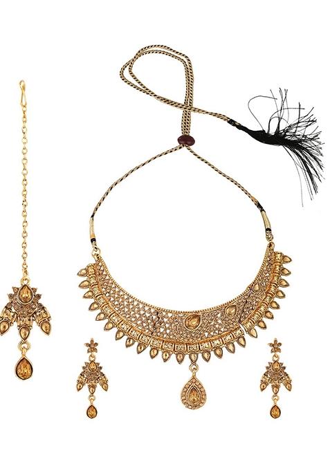 Designer Gold Plated Traditional Matte Finish Necklace With Earring Maang Tikka
