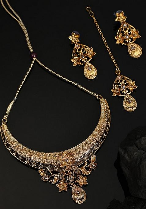 Designer Gold Plated Traditional Matte Finish Necklace With Earring Maang Tikka