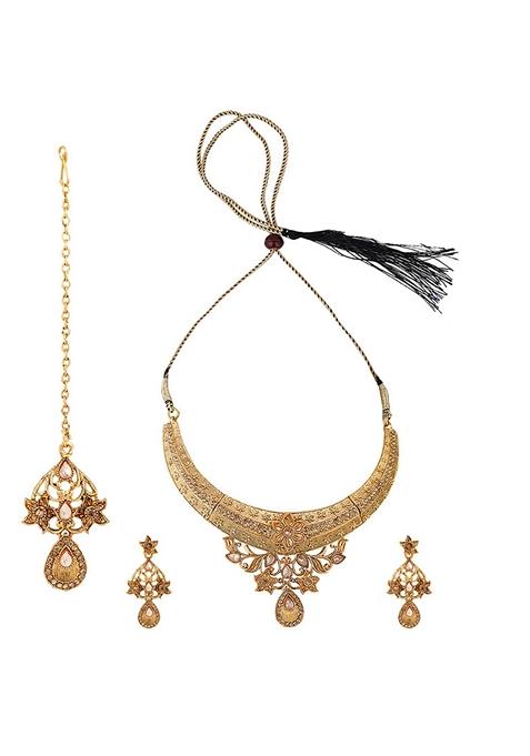 Designer Gold Plated Traditional Matte Finish Necklace With Earring Maang Tikka