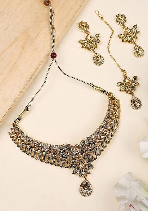 Designer Gold Plated Traditional Matte Finish Necklace With Earring Maang Tikka