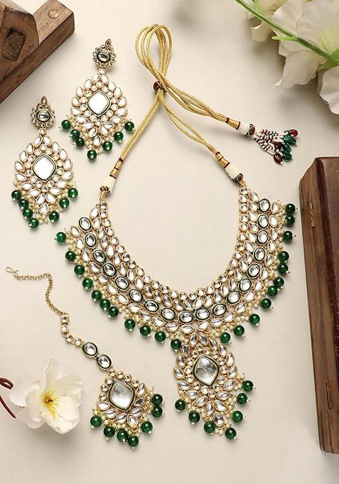 Brass Ethnic Green Jewelry Set  Timeless Elegance With Earring Maang Tikka