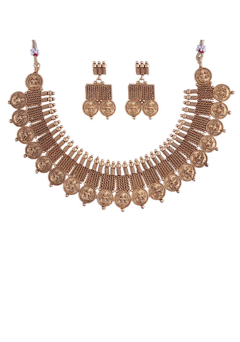 Gold Plated Traditional Style Choker Necklace Jewellery Set - Indya