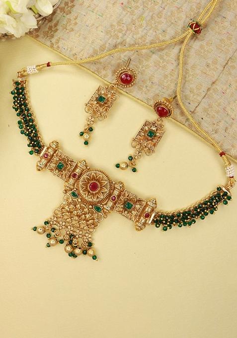 Gold Plated Traditional Brass Pearl Choker Necklace With Earrings