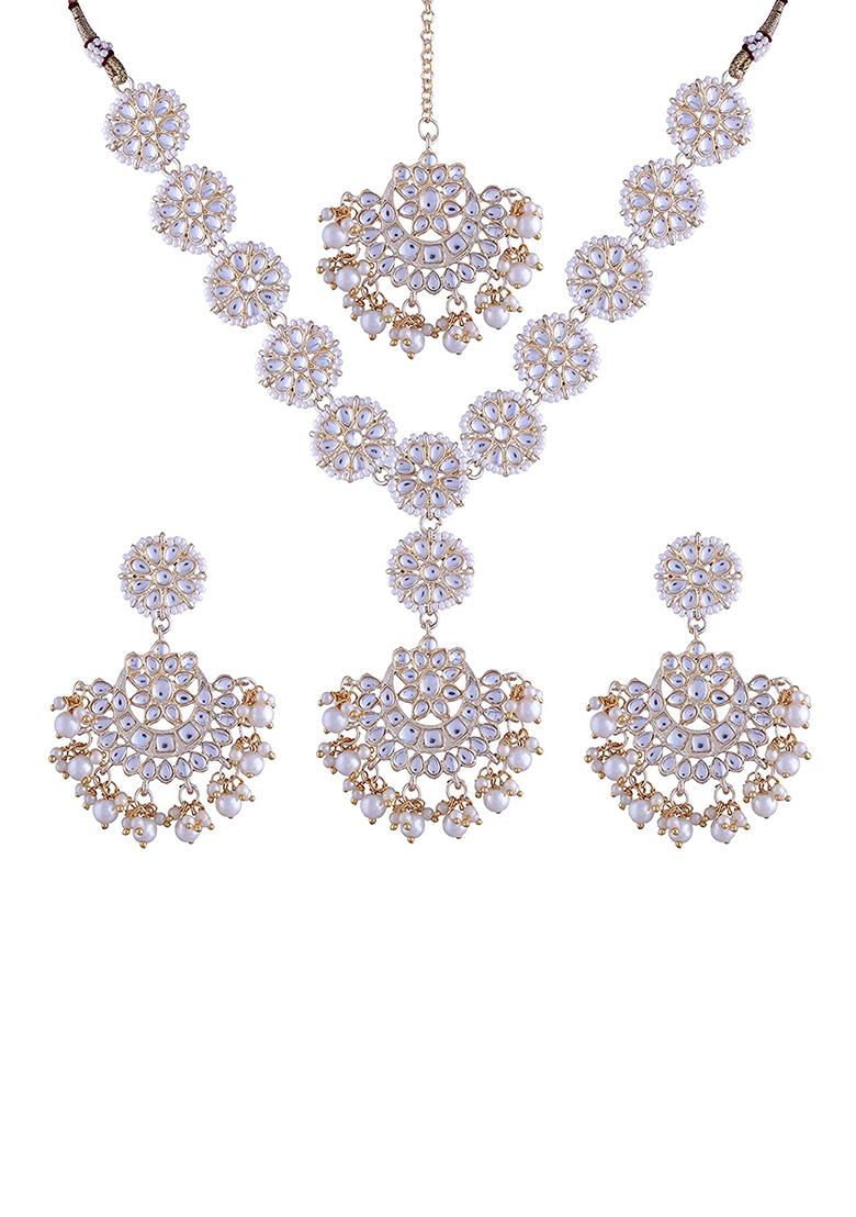 Gold Plated Traditional Pearl Kundan Studded Jewellery Necklace Set With Maang Tikka