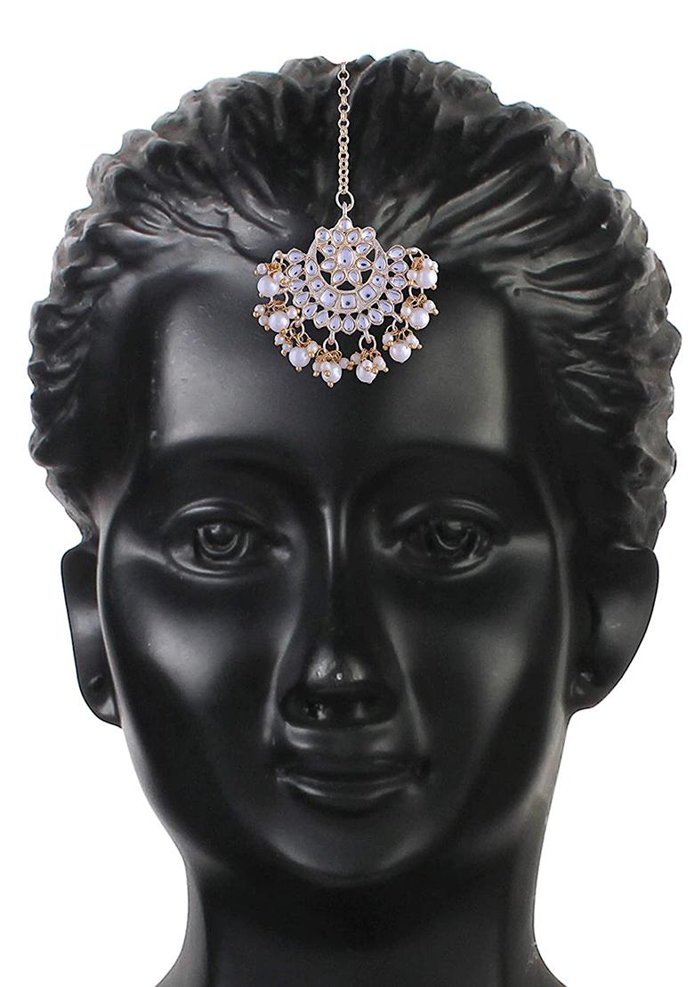 Gold Plated Traditional Pearl Kundan Studded Jewellery Necklace Set With Maang Tikka