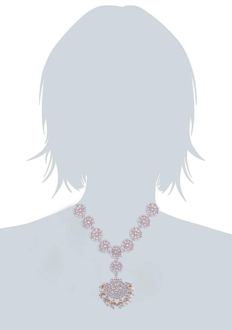 Gold Plated Traditional Pearl Kundan Studded Jewellery Necklace Set With Maang Tikka