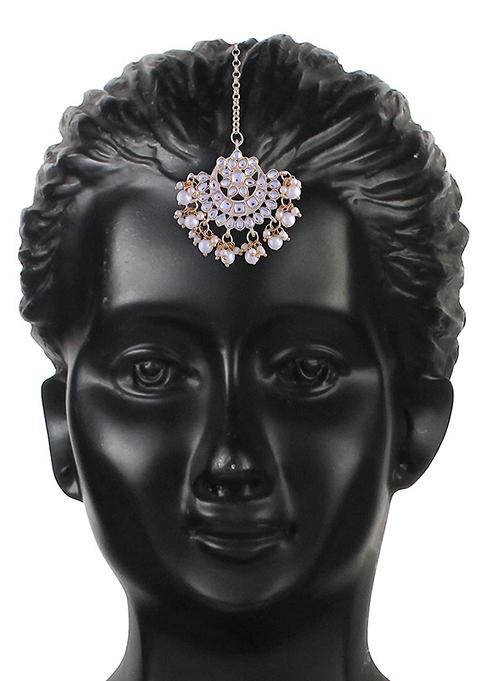 Gold Plated Traditional Pearl Kundan Studded Jewellery Necklace Set With Maang Tikka