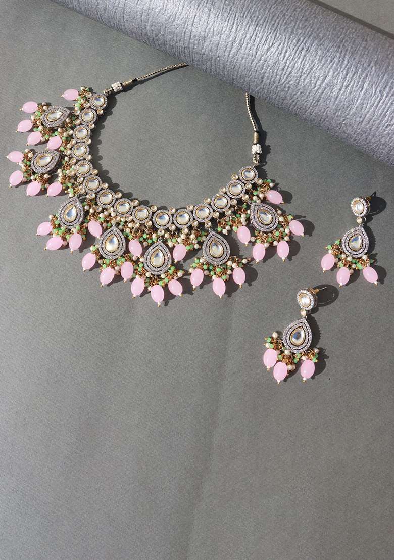 Pink Polki Kundan Necklace Set - Indya