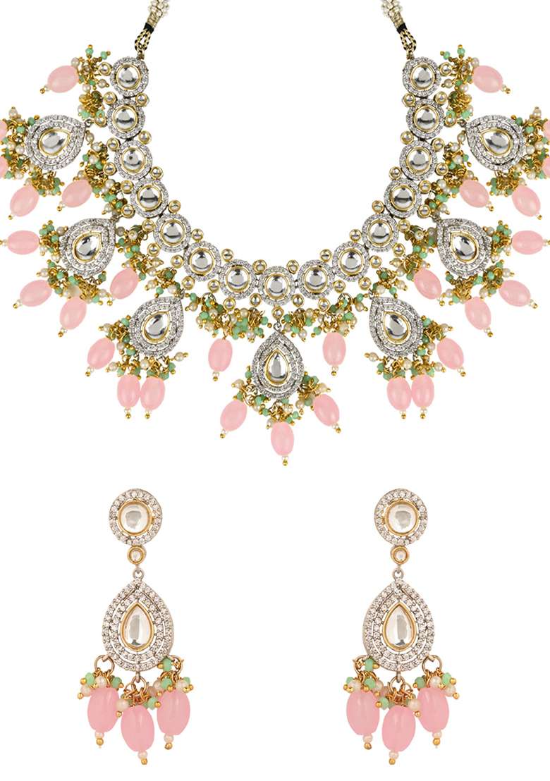 Pink Polki Kundan Necklace Set - Indya