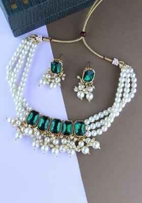 Gold Plated Traditional Green Stone Studded Multi Layered White Pearl Choker Necklace Jewellery Set With Earrings
