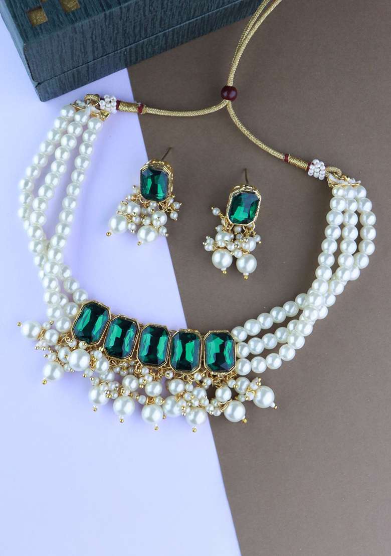 Gold Plated Traditional Green Stone Studded Multi Layered White Pearl Choker Necklace Jewellery Set With Earrings - Indya