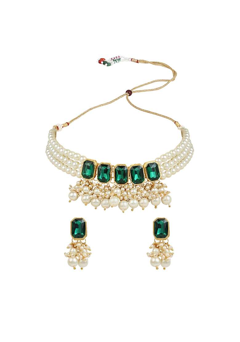 Gold Plated Traditional Green Stone Studded Multi Layered White Pearl Choker Necklace Jewellery Set With Earrings - Indya