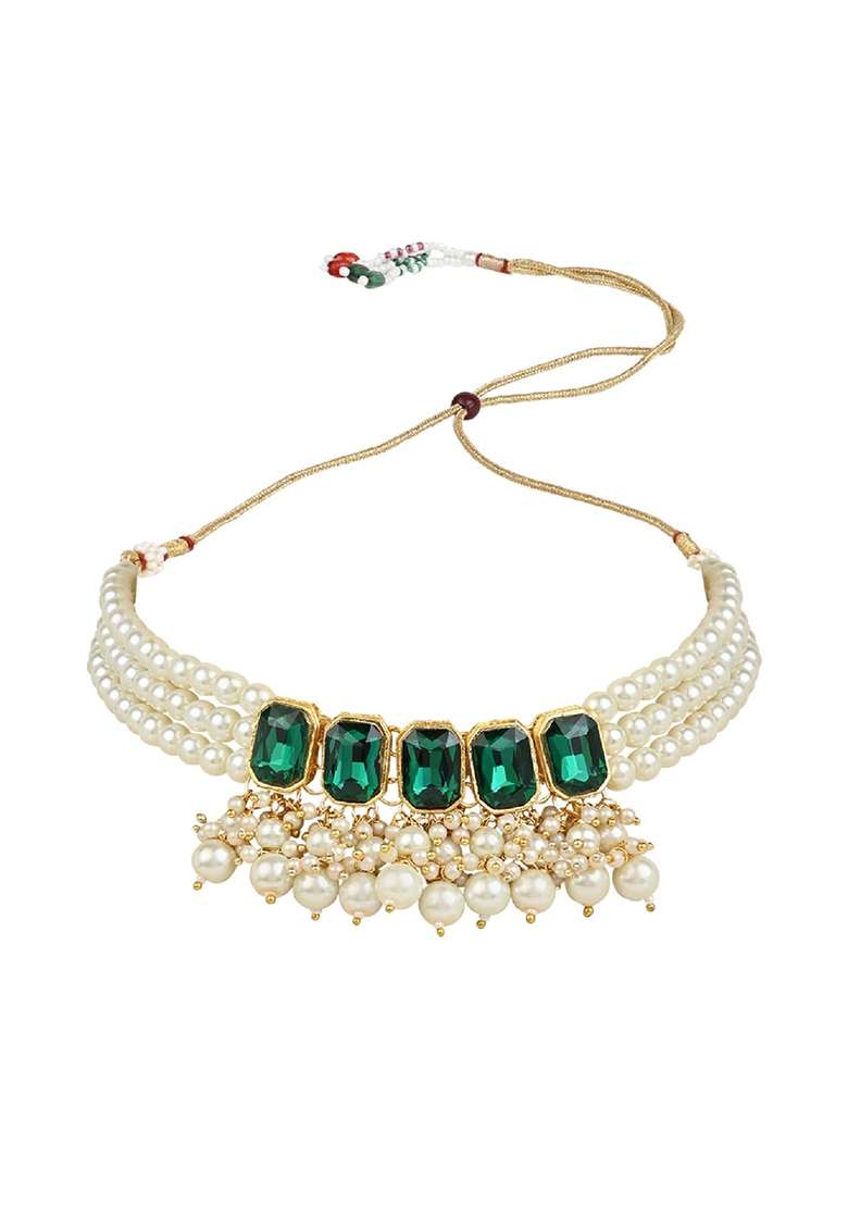 Gold Plated Traditional Green Stone Studded Multi Layered White Pearl Choker Necklace Jewellery Set With Earrings - Indya
