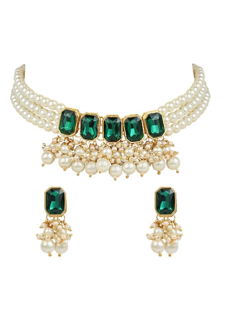 Gold Plated Traditional Green Stone Studded Multi Layered White Pearl Choker Necklace Jewellery Set With Earrings - Indya