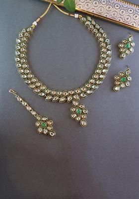 Gold Plated Traditional Green Meenakari Handcrafted Kundan Necklace With Dangle Earrings And Maang Tikka Jewellery Set