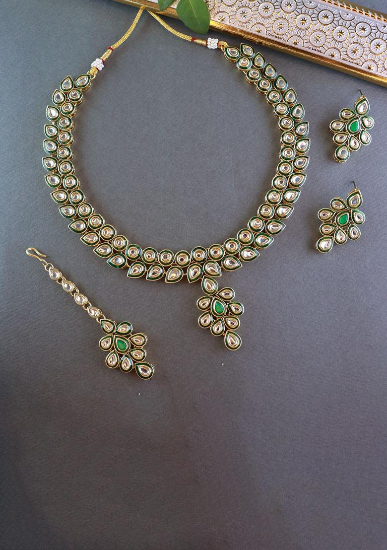 Gold Plated Traditional Green Meenakari Handcrafted Kundan Necklace With Dangle Earrings And Maang Tikka Jewellery Set
