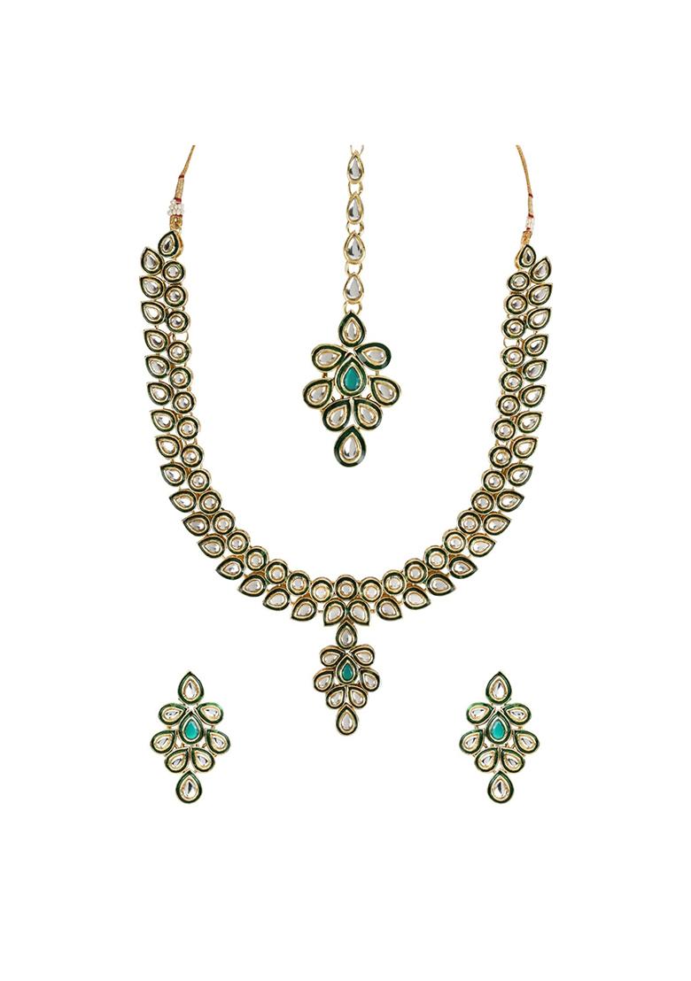 Gold Plated Traditional Green Meenakari Handcrafted Kundan Necklace With Dangle Earrings And Maang Tikka Jewellery Set