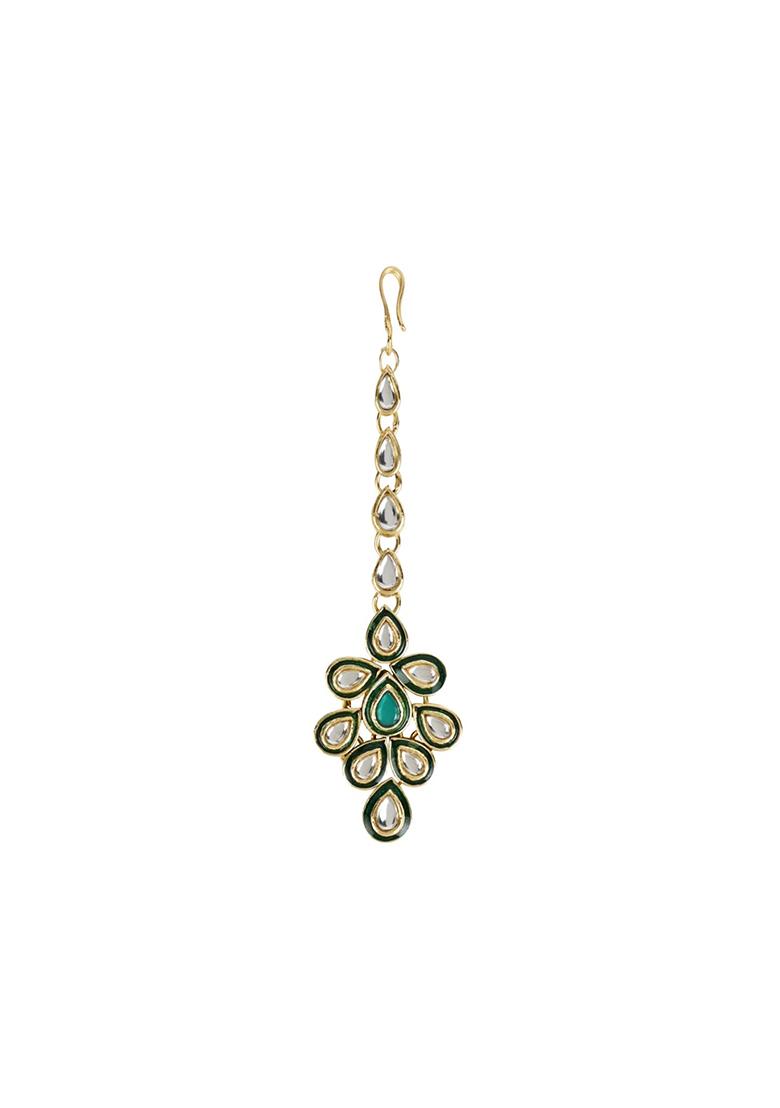 Gold Plated Traditional Green Meenakari Handcrafted Kundan Necklace With Dangle Earrings And Maang Tikka Jewellery Set