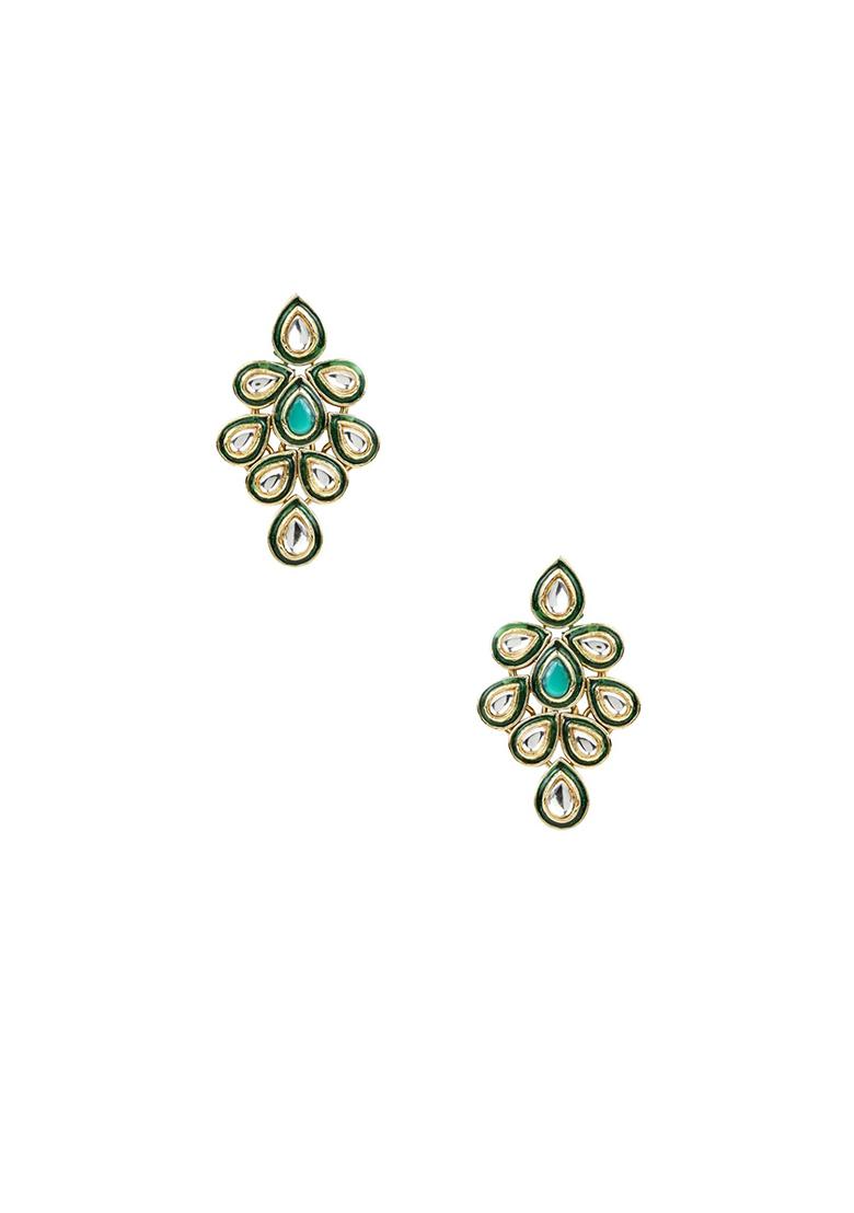 Gold Plated Traditional Green Meenakari Handcrafted Kundan Necklace With Dangle Earrings And Maang Tikka Jewellery Set