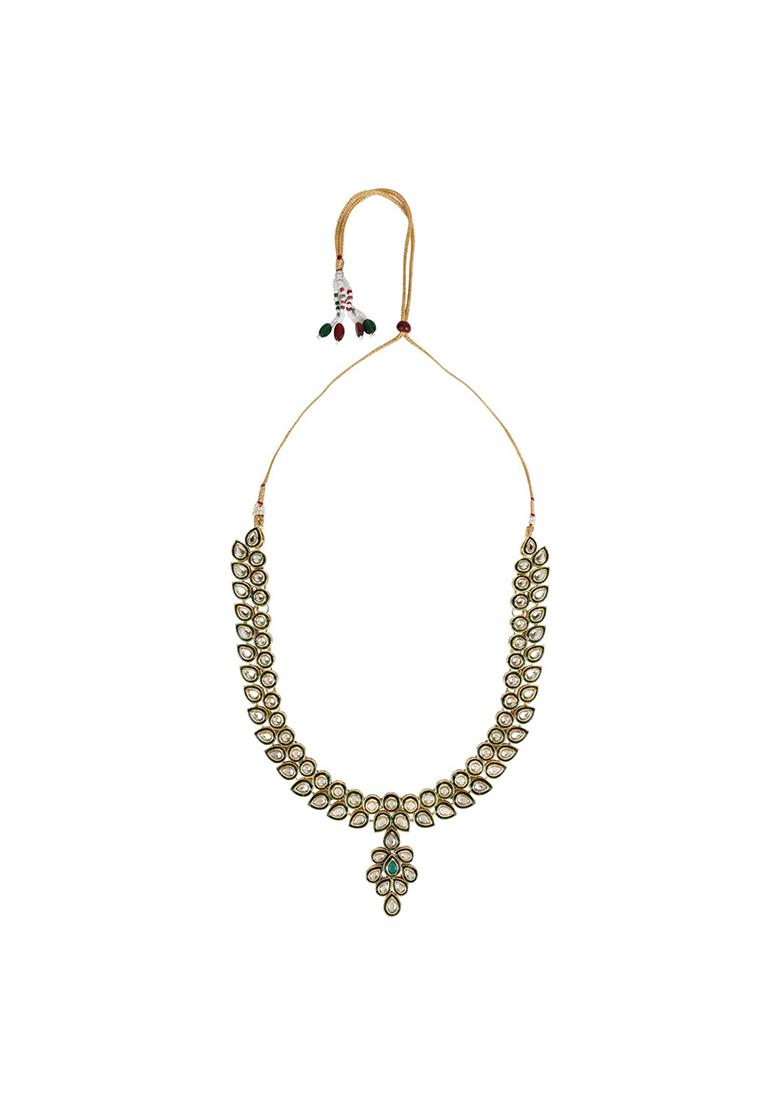 Gold Plated Traditional Green Meenakari Handcrafted Kundan Necklace With Dangle Earrings And Maang Tikka Jewellery Set