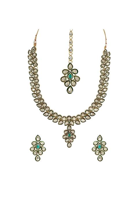 Gold Plated Traditional Green Meenakari Handcrafted Kundan Necklace With Dangle Earrings And Maang Tikka Jewellery Set