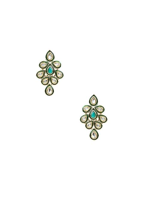 Gold Plated Traditional Green Meenakari Handcrafted Kundan Necklace With Dangle Earrings And Maang Tikka Jewellery Set
