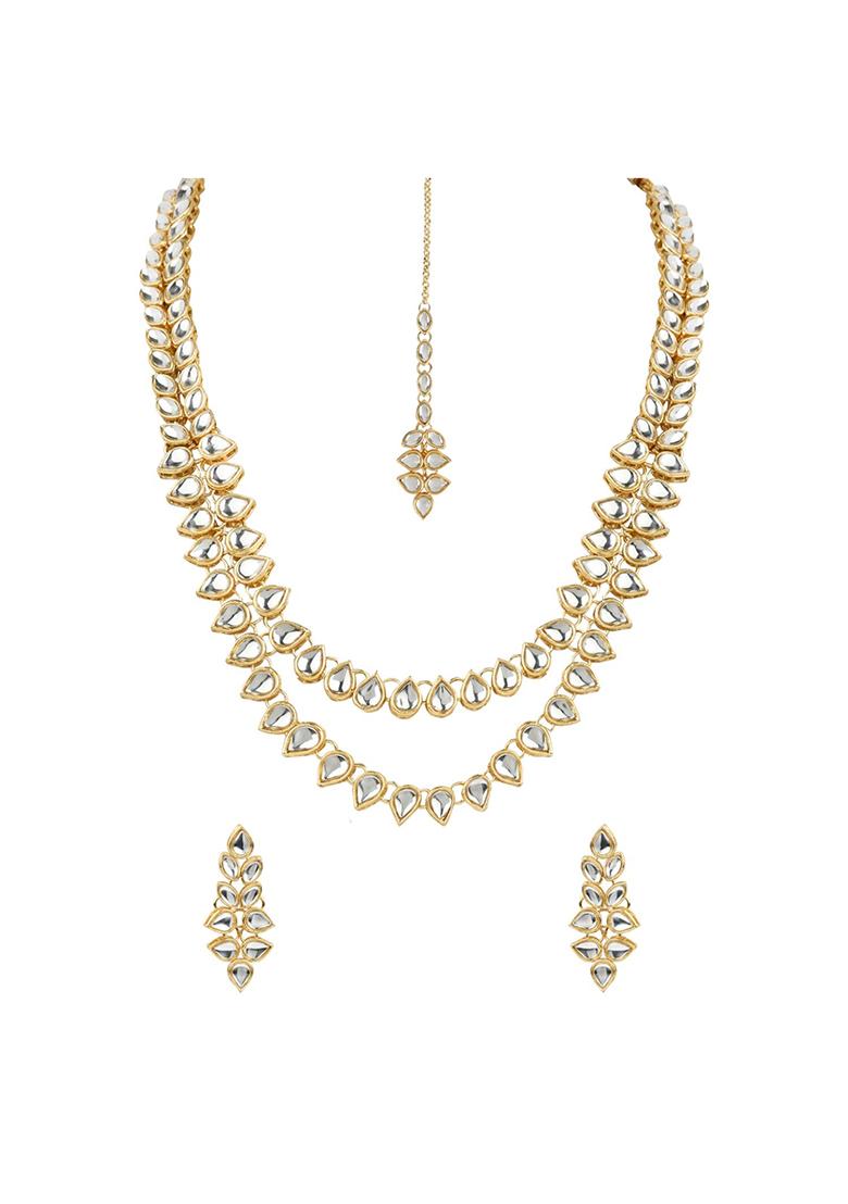 Gold Plated Traditional Kundan Necklace Jewellery Set With Earrings And Maang Tikka