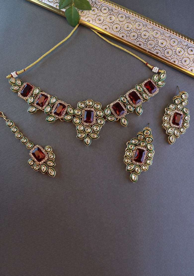 Gold Plated Traditional Kundan And Stone Studded Choker Necklace Jewellery With Earrings And Maang Tikka Set - Indya