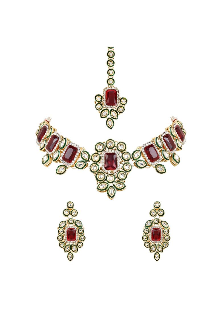 Gold Plated Traditional Kundan And Stone Studded Choker Necklace Jewellery With Earrings And Maang Tikka Set