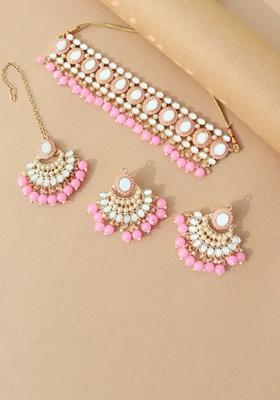 Gold Plated Traditional Handcrafted Mirror And Pearl Work Choker Necklace Jewellery With Chandbali Earrings And Maang Tikka Set