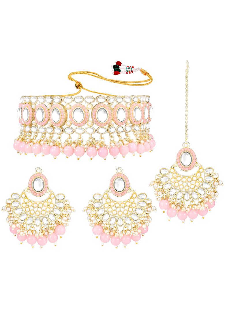 Gold Plated Traditional Handcrafted Mirror And Pearl Work Choker Necklace Jewellery With Chandbali Earrings And Maang Tikka Set