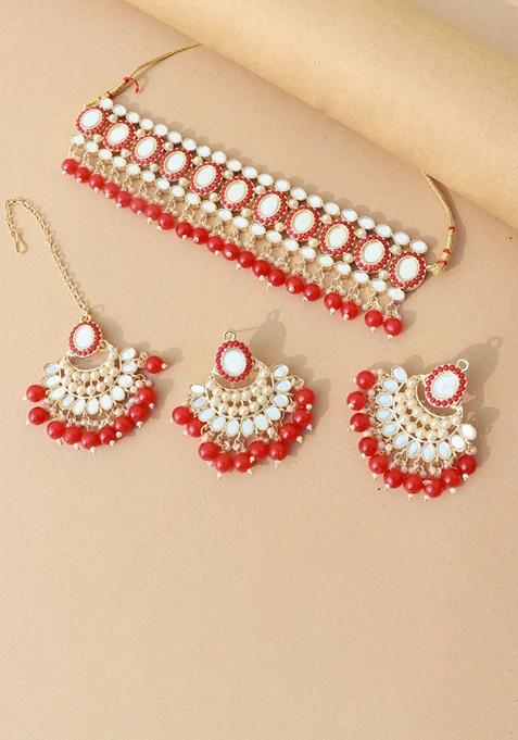 Gold Plated Traditional Handcrafted Mirror And Pearl Work Choker Necklace Jewellery With Chandbali Earrings And Maang Tikka Set