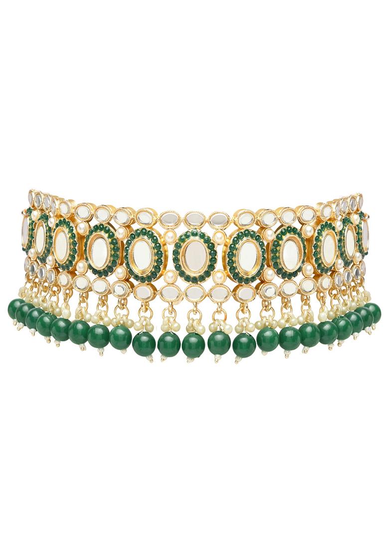 Gold Plated Traditional Handcrafted Mirror And Pearl Work Choker Necklace Jewellery With Chandbali Earrings And Maang Tikka Set