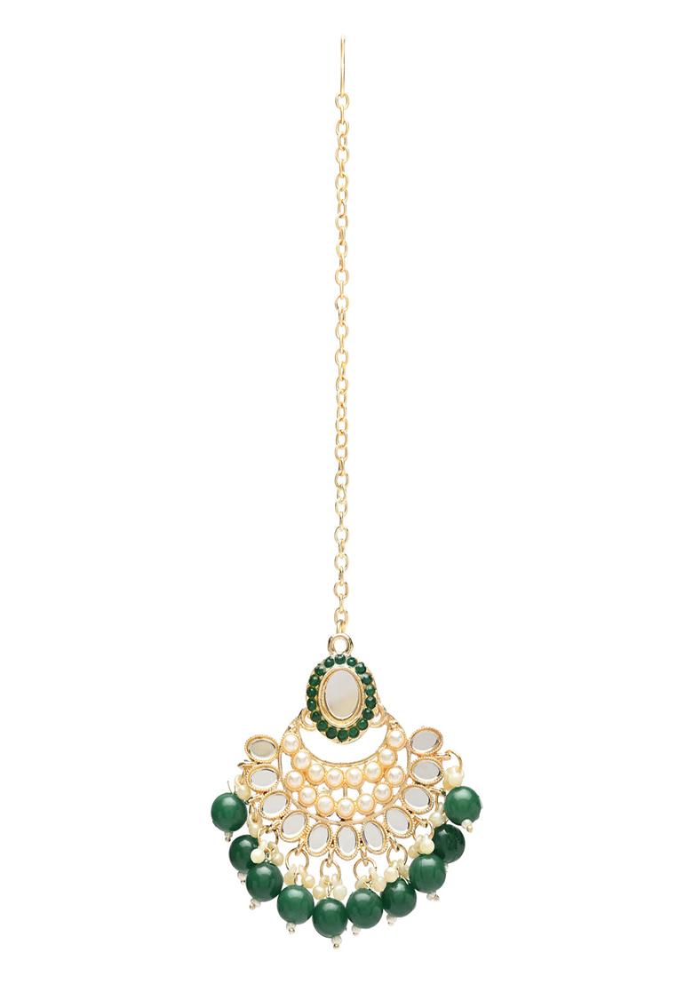 Gold Plated Traditional Handcrafted Mirror And Pearl Work Choker Necklace Jewellery With Chandbali Earrings And Maang Tikka Set