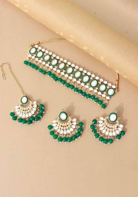 Gold Plated Traditional Handcrafted Mirror And Pearl Work Choker Necklace Jewellery With Chandbali Earrings And Maang Tikka Set