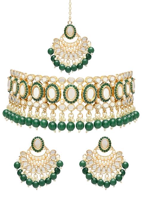 Gold Plated Traditional Handcrafted Mirror And Pearl Work Choker Necklace Jewellery With Chandbali Earrings And Maang Tikka Set
