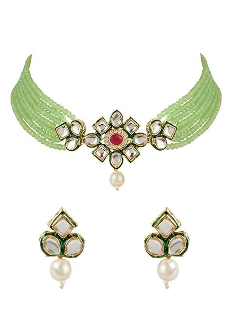 Gold Plated Traditional Choker Set Gilded With Kundan And Bead