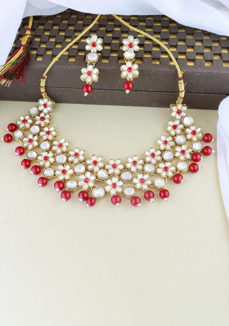 Gold Plated Traditional Kundan Studded Bridal Choker Necklace And Drop Earrings Jewellery Set