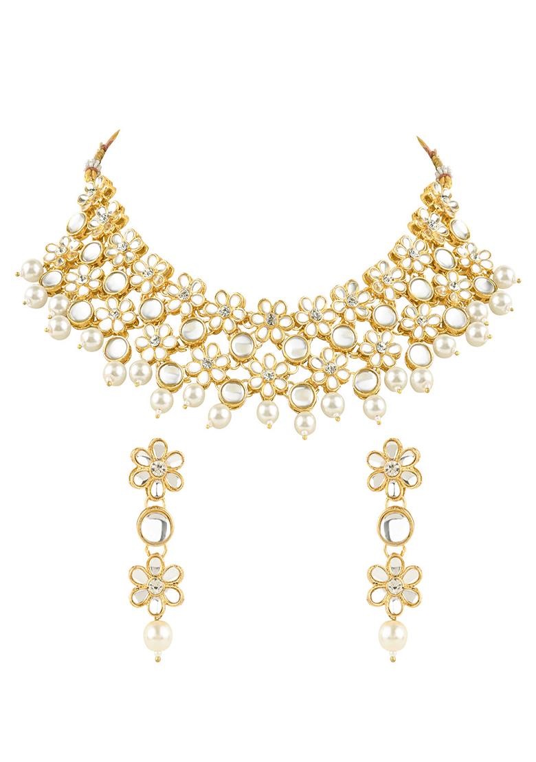 Gold Plated Traditional Kundan Studded Bridal Choker Necklace And Drop Earrings Jewellery Set