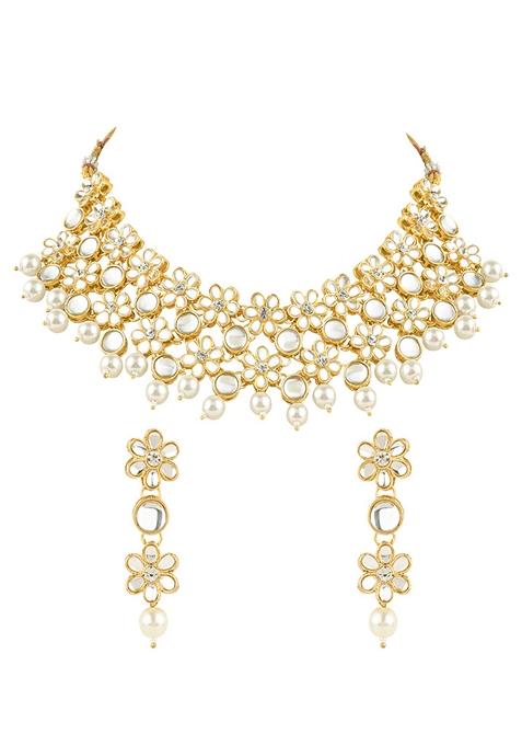 Gold Plated Traditional Kundan Studded Bridal Choker Necklace And Drop Earrings Jewellery Set