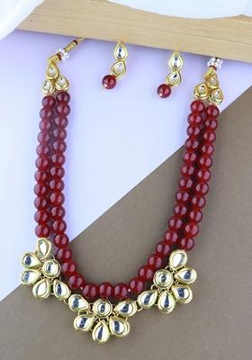 Gold Plated Traditional Kundan And Pearl Necklace Jewellery Set With Earrings