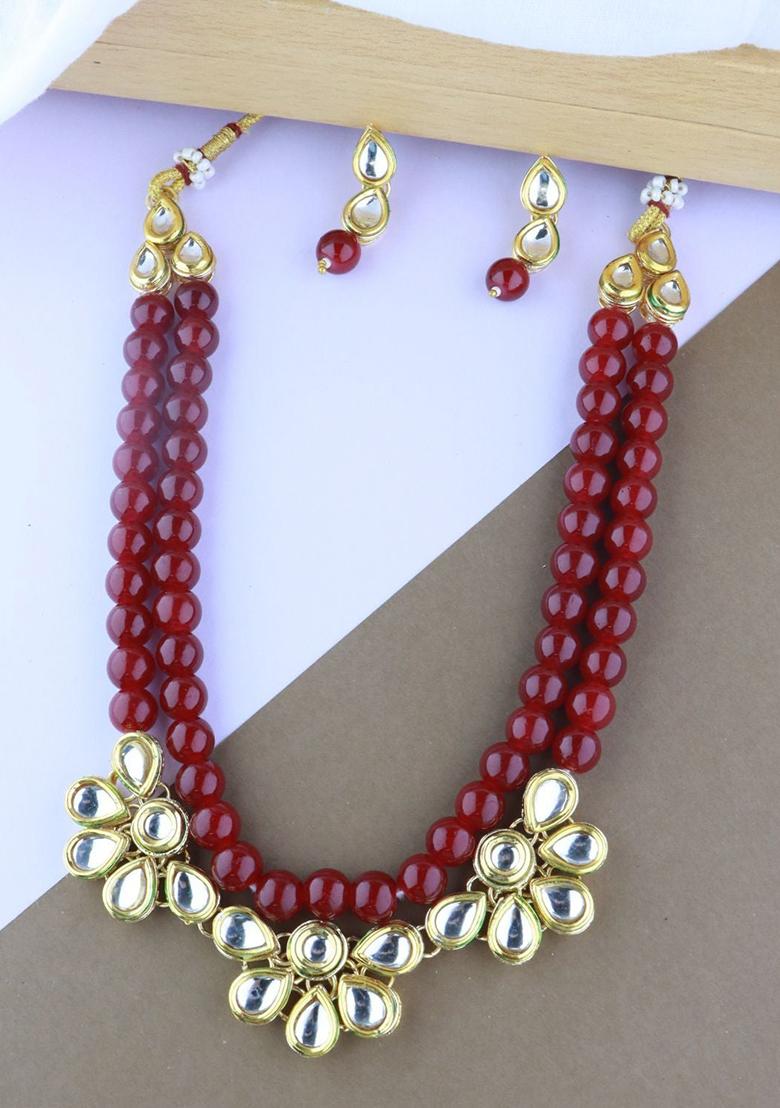 Gold Plated Traditional Kundan And Pearl Necklace Jewellery Set With Earrings