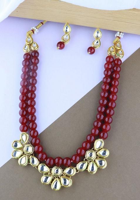 Gold Plated Traditional Kundan And Pearl Necklace Jewellery Set With Earrings