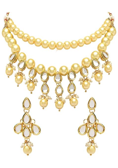 Gold Plated Traditional Kundan And Pearl Choker Necklace Jewellery Set With Earrings