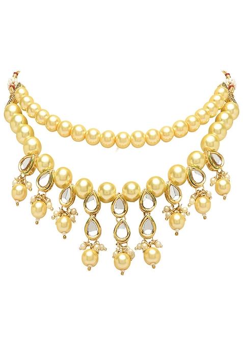 Gold Plated Traditional Kundan And Pearl Choker Necklace Jewellery Set With Earrings
