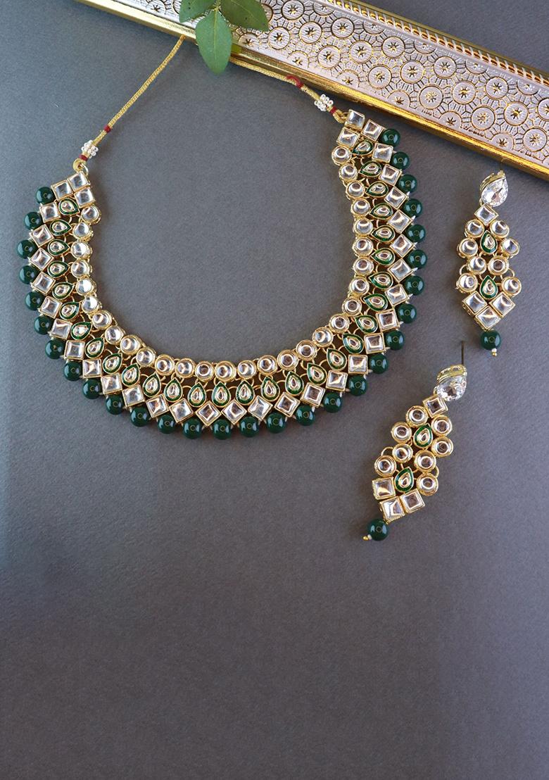 Gold Plated Traditional Kundan And Pearl Choker Necklace Jewellery Set With Earrings