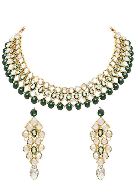 Gold Plated Traditional Kundan And Pearl Choker Necklace Jewellery Set With Earrings