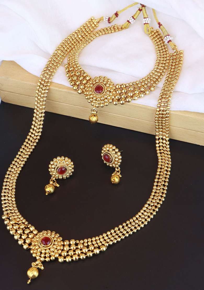 Gold Plated Traditional Style Choker Necklace Jewellery Set - Indya